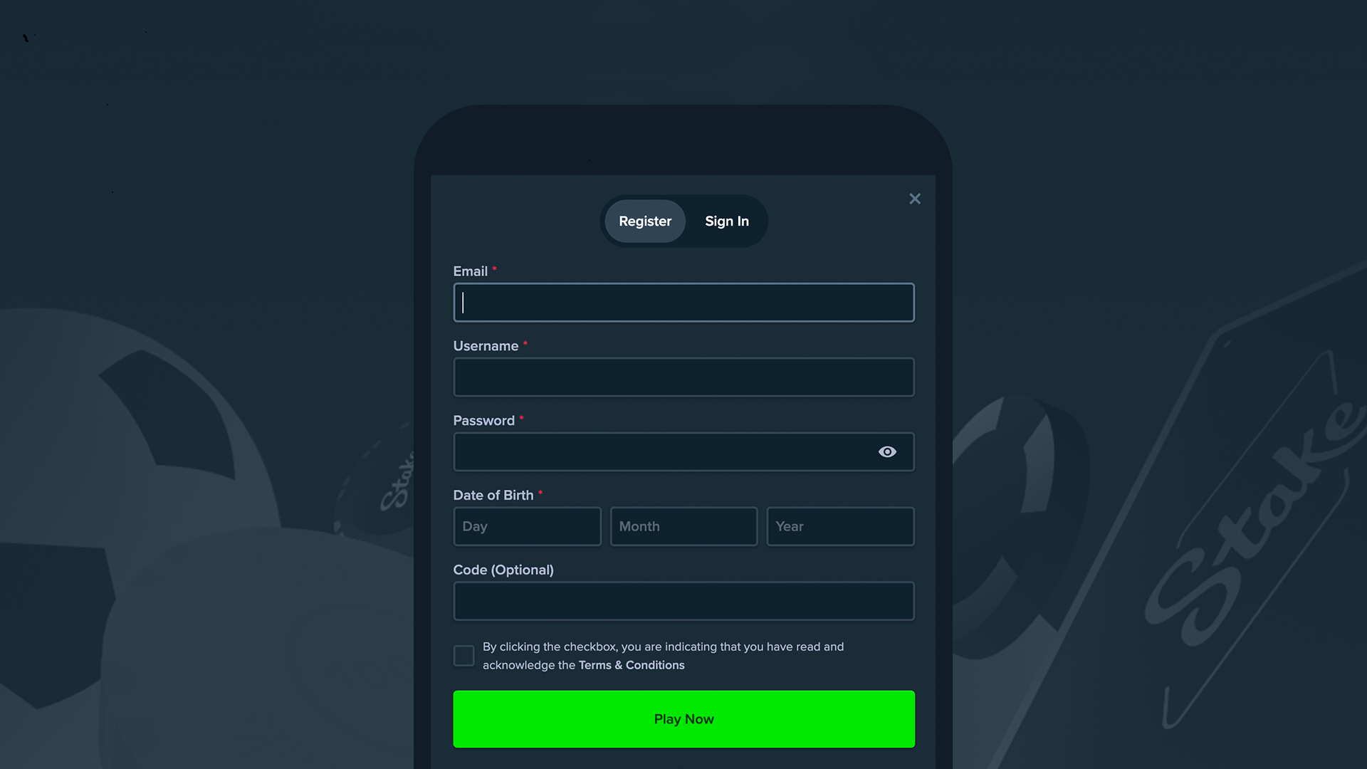 Stake Originals 게임 계정 생성 화면